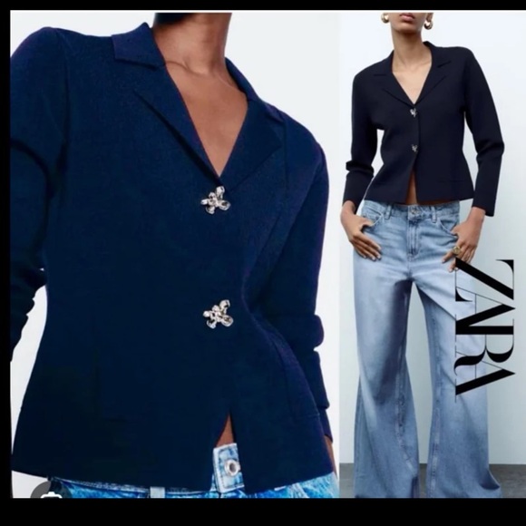 Zara Jackets & Blazers - NWT Zara Flower Button Knit Cardigan Blazer Sweater in Navy Blue size Medium